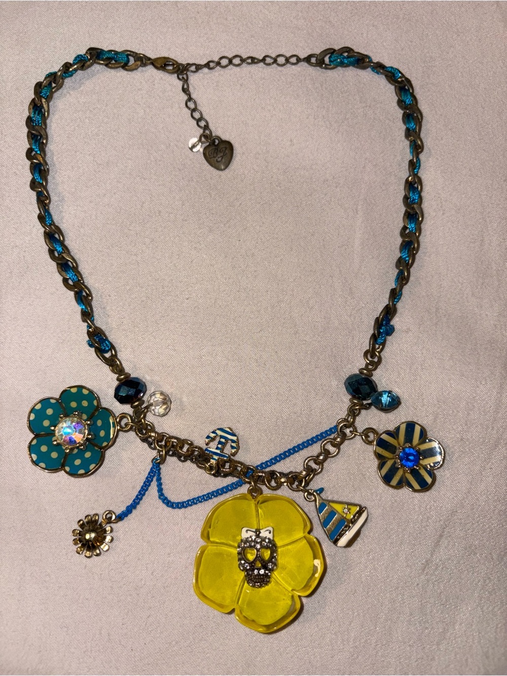 Vintage Y2K Betsey Johnson Yellow and Teal Floral Skull Charm Necklace